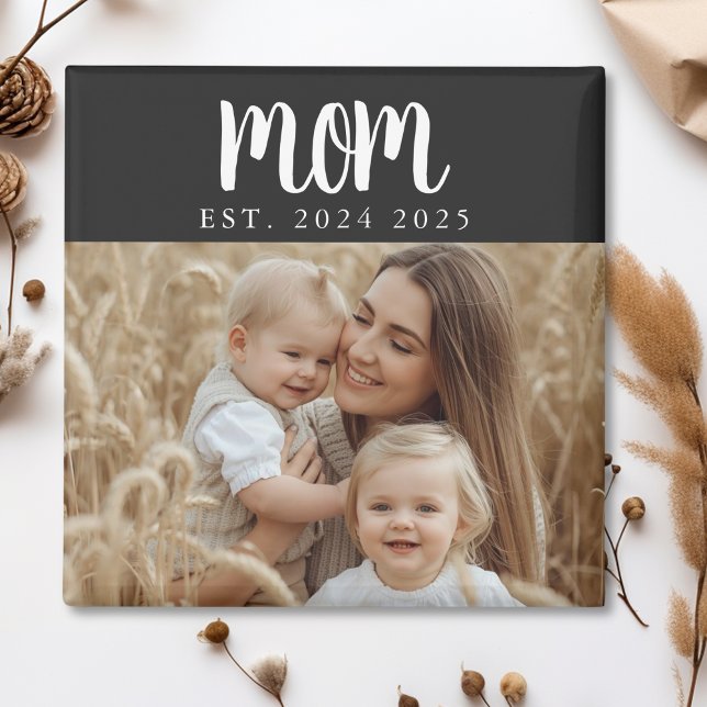 Mum Established Photo Gift Magnet (minimal black and white mom established date magnet with photo and multiple dates stocking stuffer)