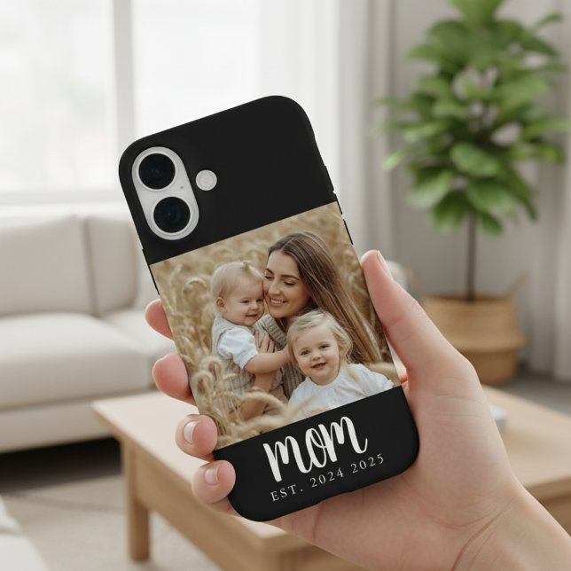 Mum Established Photo Gift Magnet Case-Mate iPhone Case (simple trendy black and white photo mom established date iphone case for modern stocking stuffer)