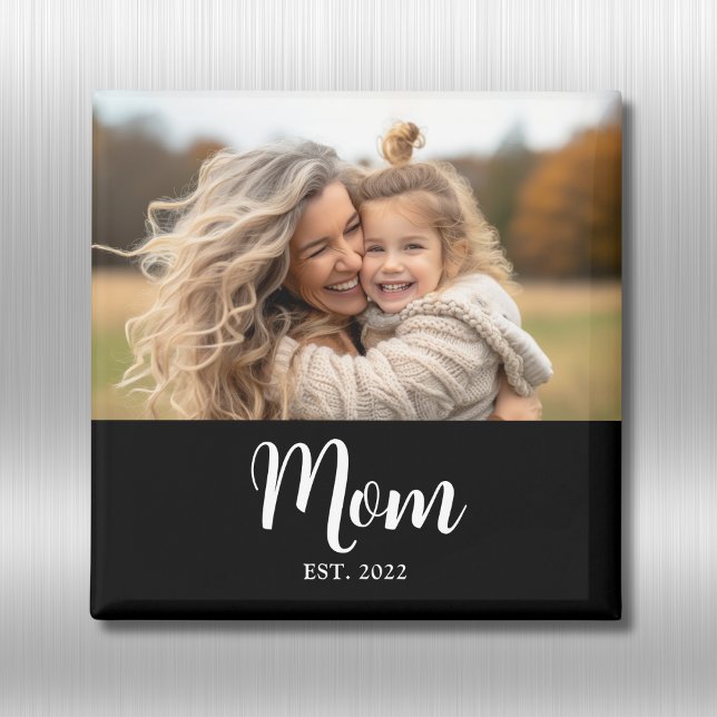 Mum Established Photo Script Mother's Day Gift Magnet (Mom established white script text with personalized photo, name and year of becoming a mom)