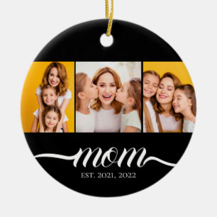 Mum Established Script Black 3 Photo Collage Ceramic Ornament