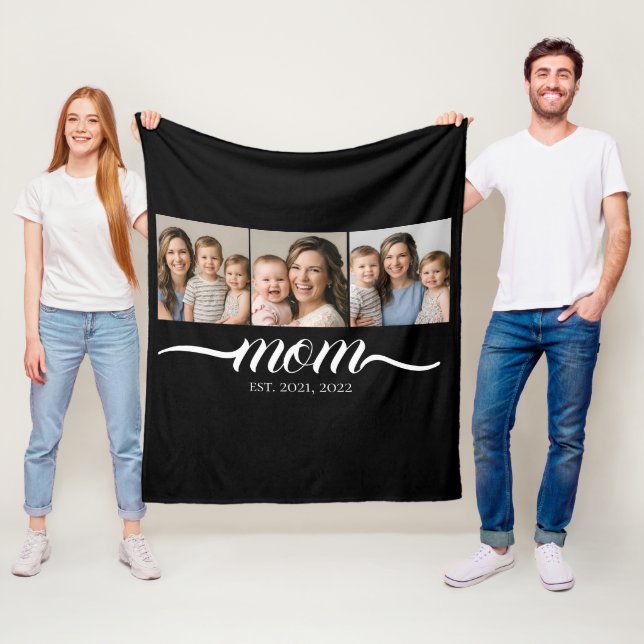 Mum Established Script Black 3 Photo Collage Fleece Blanket (In Situ)