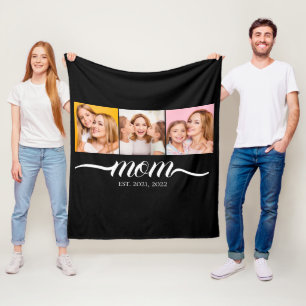 Mum Established Script Black 3 Photo Collage Fleece Blanket