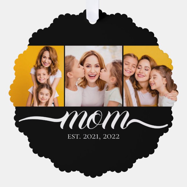 Mum Established Script Black 3 Photo Collage Tree Decoration Card (Front)