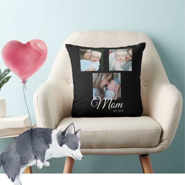 Mum Established Script Black 3 Photo Gift Cushion (Creator Uploaded)