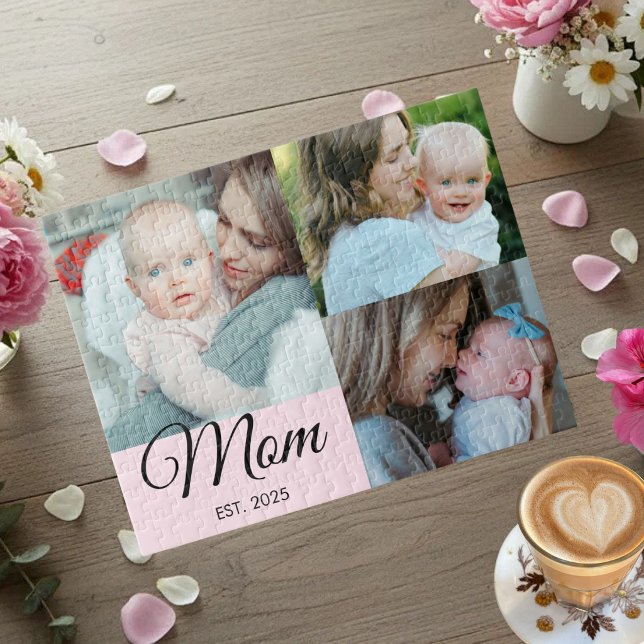 Mum Established Script Black 3 Photo Gift Jigsaw Puzzle (Creator Uploaded)