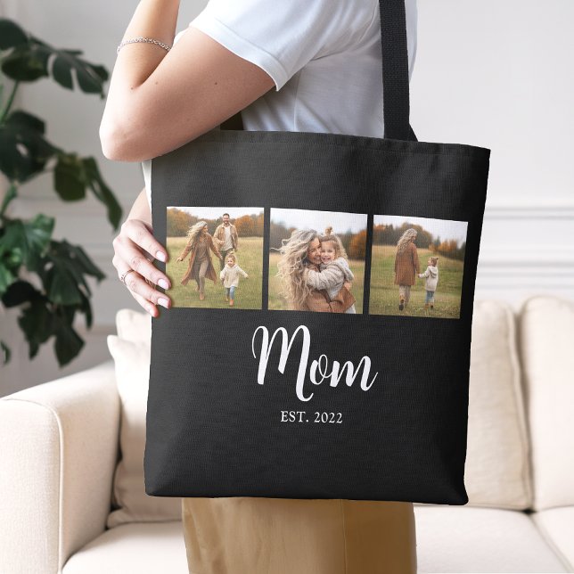 Mum Established Script Black 3 Photo Tote Bag (Mom established year 3 photo custom tote bag gift - perfect for Birthdays and Mother's Day)