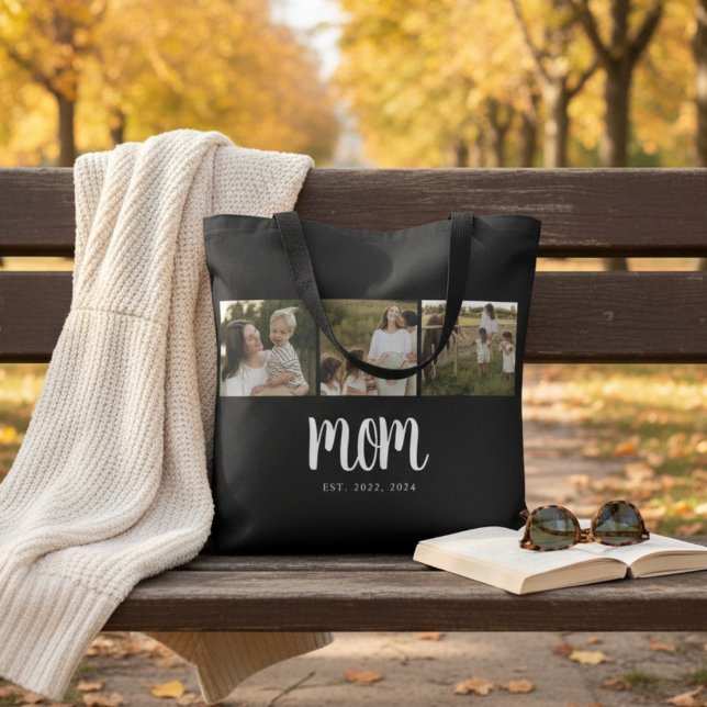 Mum Established Script Black 3 Photo Tote Bag (elegant minimal 3 photo mom established tote bag with dates and space for 2, 3 or more children gift)