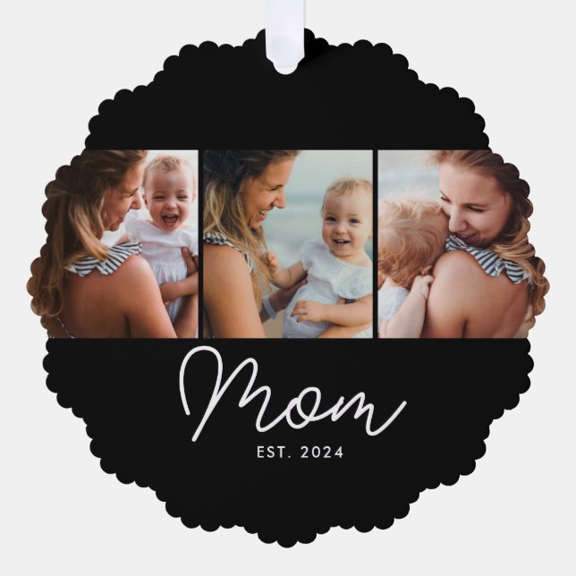 Mum Established Script Black 3 Photo Tree Decoration Card (Front)