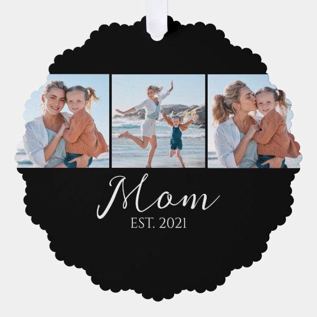 Mum Established Script Black 3 Photo Tree Decoration Card (Front)