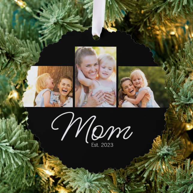 Mum Established Script Black 3 Photo Tree Decoration Card (Insitu (Tree))