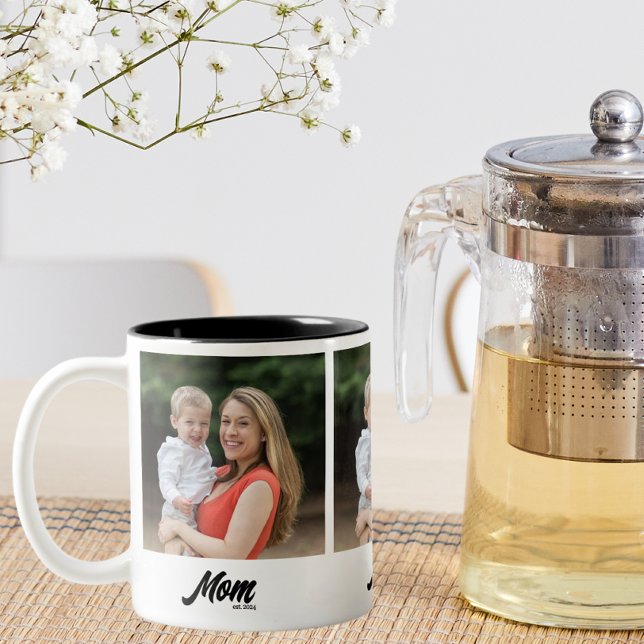 Mum Established Script Black 3 Photo Two-Tone Coffee Mug (Creator Uploaded)