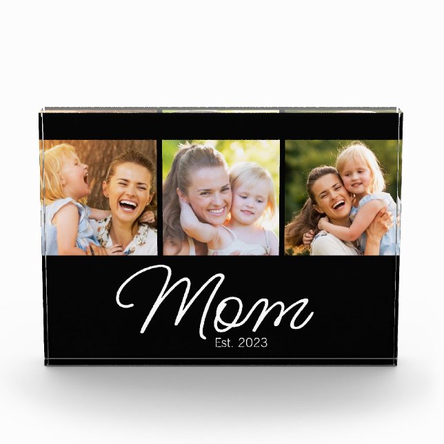 Mum Established Script Black 3 Picture Photo Block (Front)