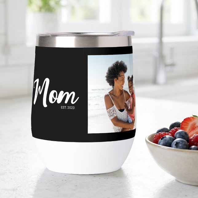 Mum Established Script Black Photo (Mom Established Script Black Photo Thermal Wine Tumbler)