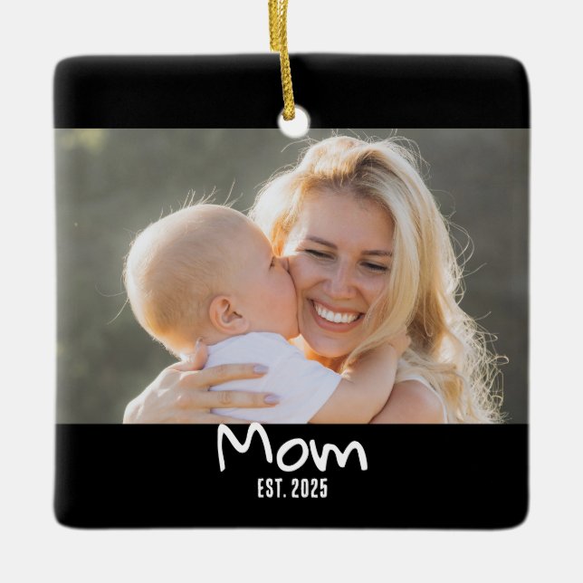 Mum Established Script Black Photo  Ceramic Ornament (Front)
