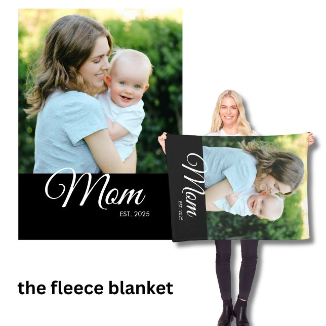 Mum Established Script Black Photo Gift Fleece Blanket (Creator Uploaded)