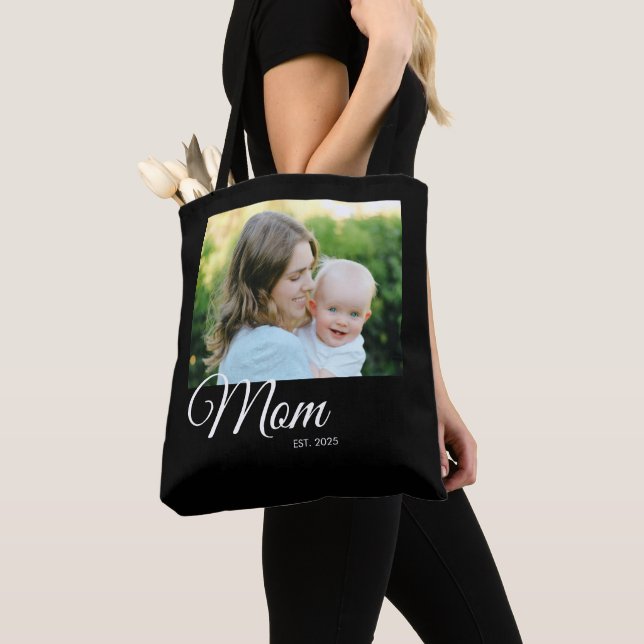 Mum Established Script Black Photo Gift Tote Bag (Close Up)