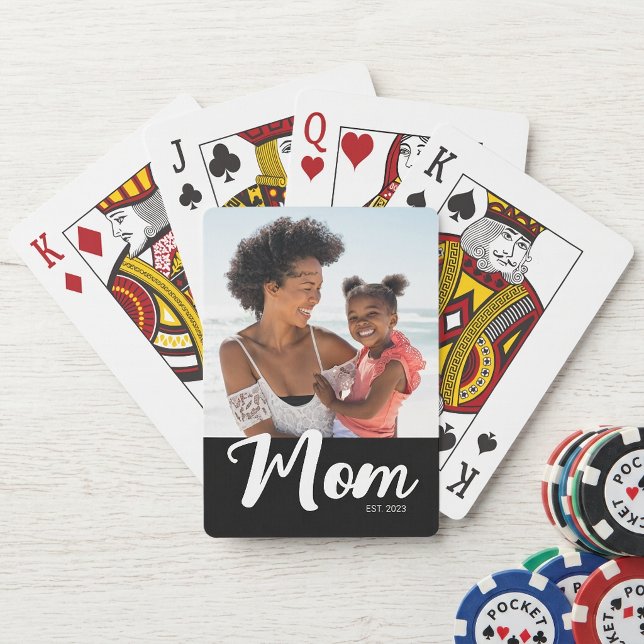 Mum Established Script Black Photo Playing Cards (Mom Established Script Black Photo Poker Cards )