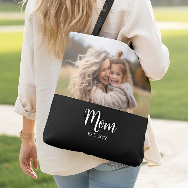 Mum Established Script Black Photo Tote Bag (Mom established elegant script personalized photo black tote bag)