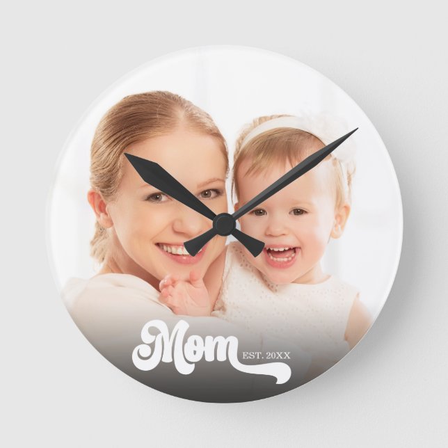 Mum Established Script Custom Photo Round Clock (Front)