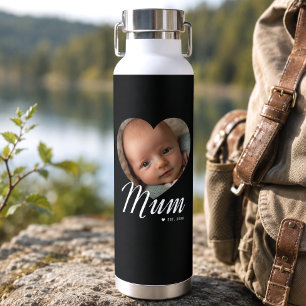 Mum Established Script Heart Photo Black Insulated Water Bottle