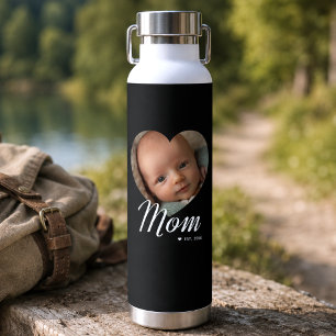 Mum Established Script Heart Photo Black Insulated Water Bottle