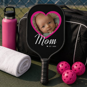 Mum Established Script Pink Heart Photo Black Carb Pickleball Paddle