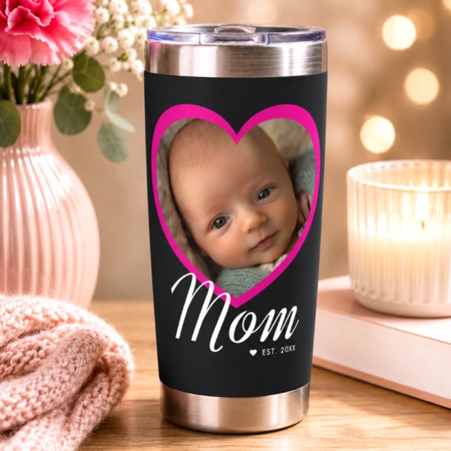 Mum Established Script Pink Heart Photo Black Insulated Tumbler (Creator Uploaded)