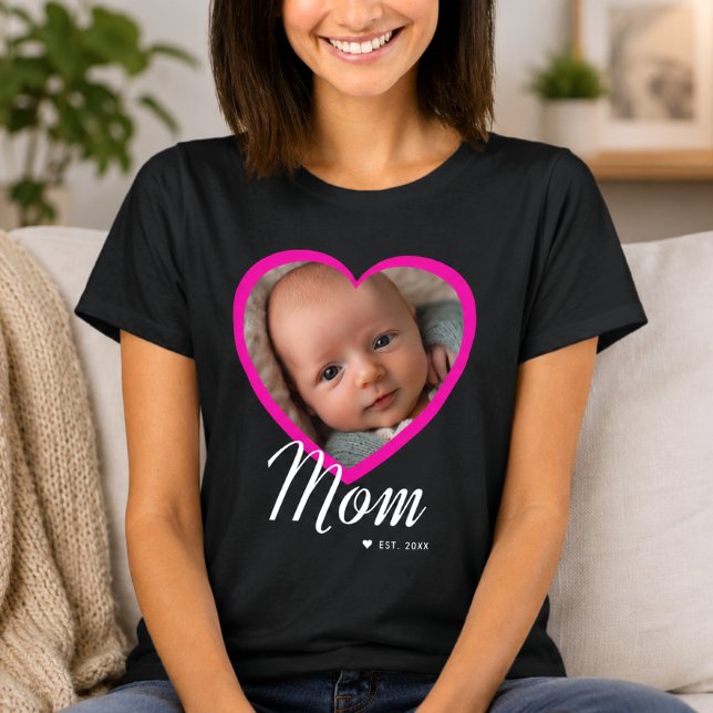 Mum Established Script Pink Heart Photo Black T-Shirt (Mom Established Script Pink Heart Photo Black T-Shirt)
