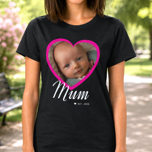 Mum Established Script Pink Heart Photo Black T-Shirt