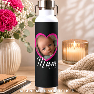 Mum Established Script Pink Heart Photo Black Water Bottle