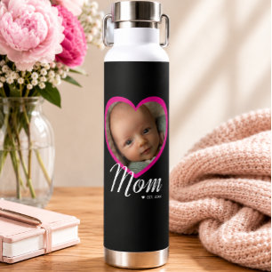 Mum Established Script Pink Heart Photo Black Water Bottle