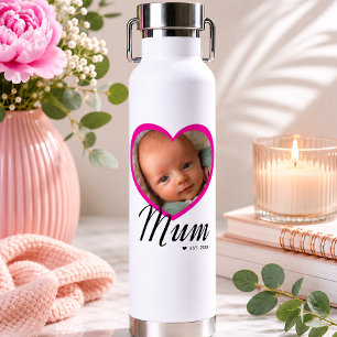 Mum Established Script Pink Heart Photo White Water Bottle