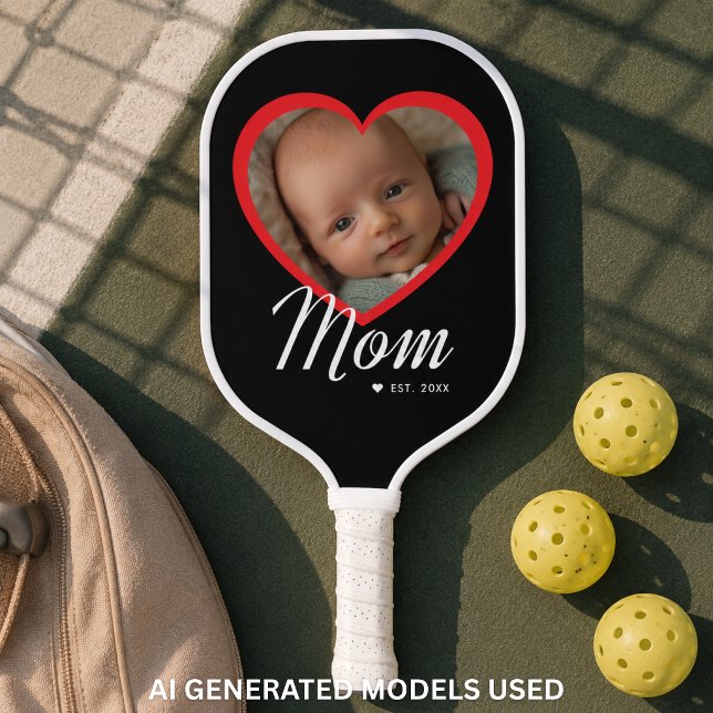 Mum Established Script Red Heart Photo Black Pickleball Paddle (Mom Established Script Red Heart Photo Black Carbon Fiber Pickleball Paddle)