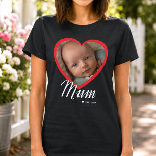 Mum Established Script Red Heart Photo Black T-Shirt