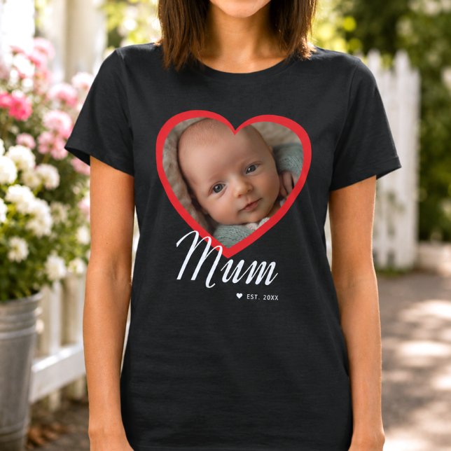 Mum Established Script Red Heart Photo Black T-Shirt (Creator Uploaded)