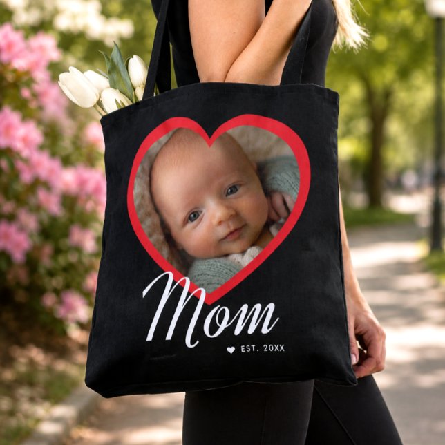 Mum Established Script Red Heart Photo Black Tote Bag (Creator Uploaded)