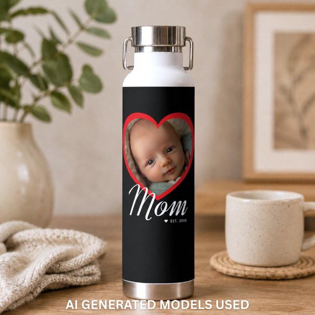 Mum Established Script Red Heart Photo Black Water Bottle (Mom Established Script Red Heart Photo Black Water Bottle)
