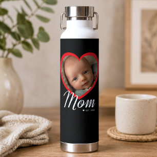 Mum Established Script Red Heart Photo Black Water Bottle