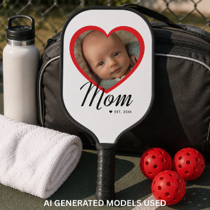 Mum Established Script Red Heart Photo White Pickleball Paddle