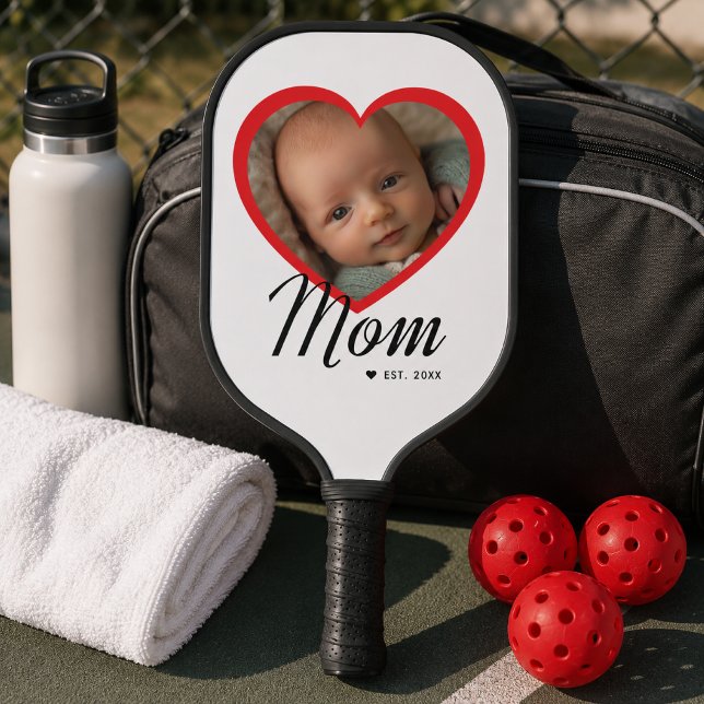 Mum Established Script Red Heart Photo White Pickleball Paddle (Creator Uploaded)