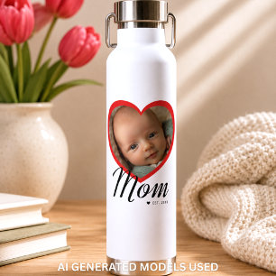 Mum Established Script Red Heart Photo White Water Bottle