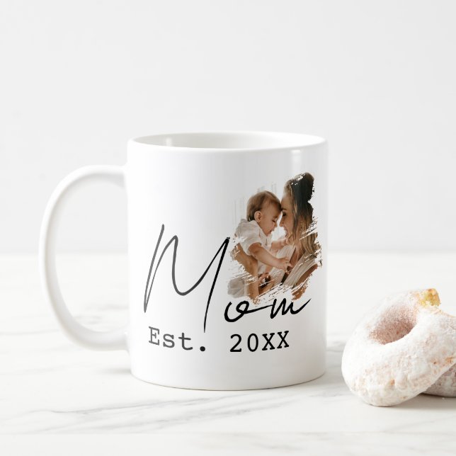 Mum Established Simple Script Custom Photo Coffee Mug (With Donut)