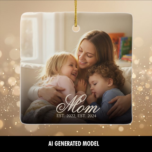 Mum Established White Elegant Script Photo Ceramic Ornament (Mom Established White Elegant Script Photo Ceramic Ornament)