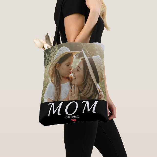 Mum Established White Script Photo Heart Tote Bag (Close Up)