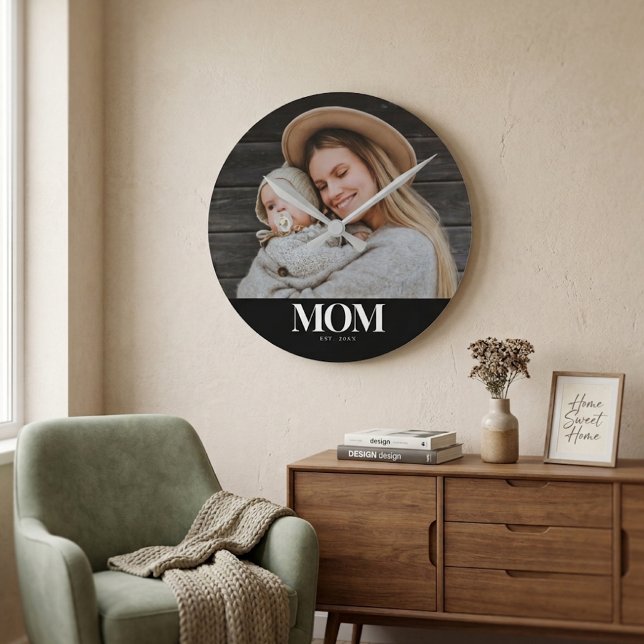 Mum Established White Typography Photo Gift Round Clock (Mom Established White Typography Photo Gift Round Clock)