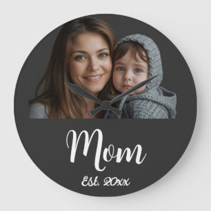 Mum Established Year White Modern Script  Large Clock