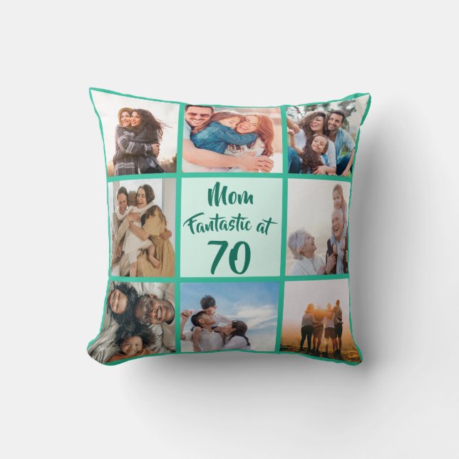 Mum fantastic at 70 birthday green photo collage cushion (Front)