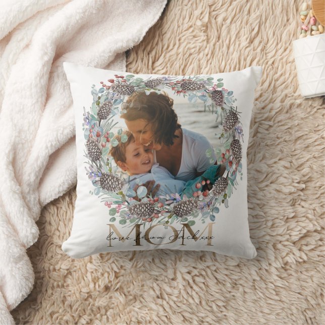 Mum Faux Gold Typography Botanical Christmas Cushion (Blanket)