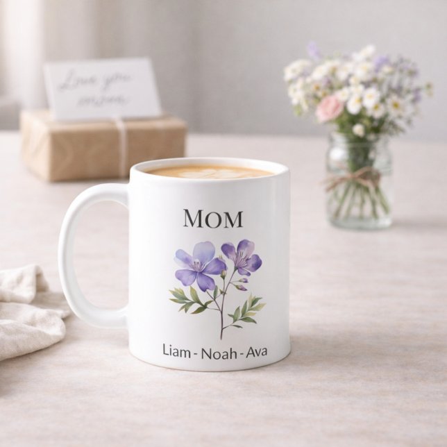 Mum February Birth Flower with Kids Names Coffee Mug (Creator Uploaded)