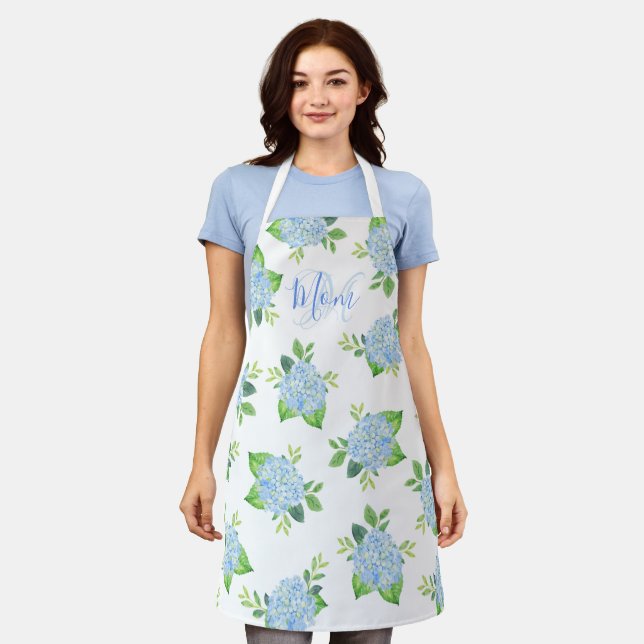 Mum Floral Blue Hydrangea Watercolor Modern Apron (Worn)